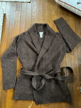 L.L.Bean Speckled Brown Knit Wrap Cardigan with Belt